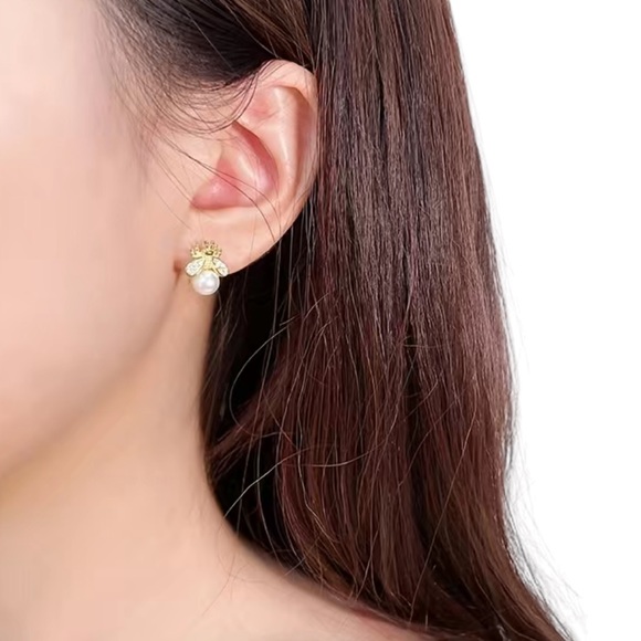 Gold Bumblebee Stud Earrings with Faux Pearl - Picture 1 of 8